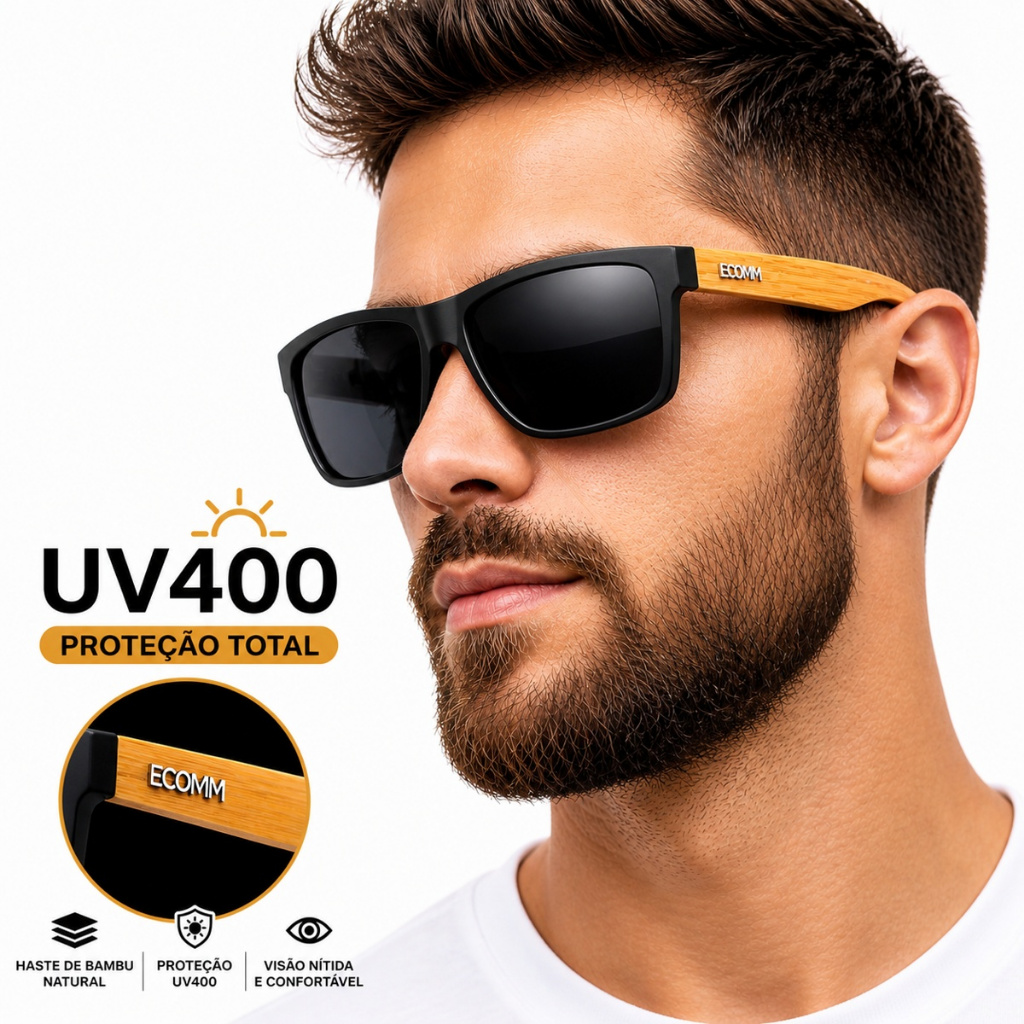Óculos de Sol Masculino Hastes lateral em Madeira Bambu Premium com Proteção UV400 Alta Qualidade