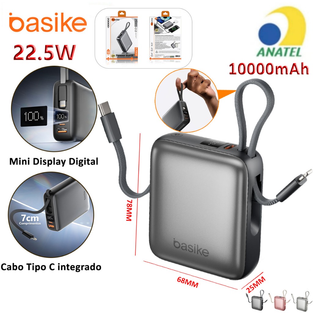 BASIKE Carregador Portátil 10000mAh - Carregamento Rápido 22.5W Power Bank Carregador Saída dupla