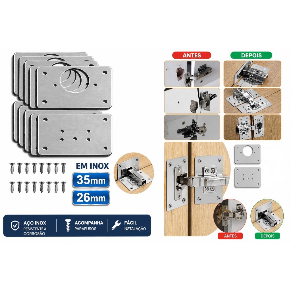 10 Placas De Reparo De Dobradiça Armário MDF Porta Cozinha Aço Inox