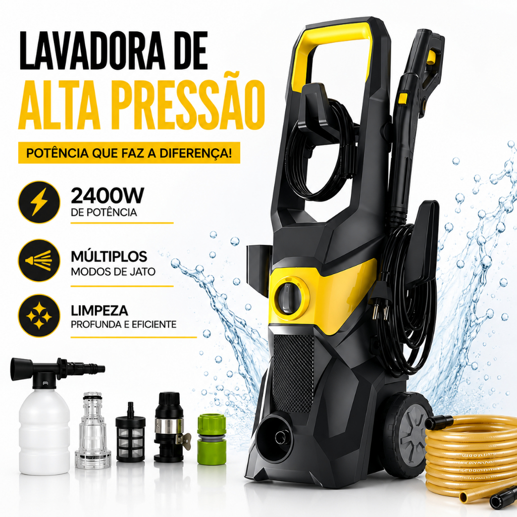Lavadora Alta Pressão 2400W 220V - Motor 7640 para Limpeza Rápida de Carro, Calçada e Piso