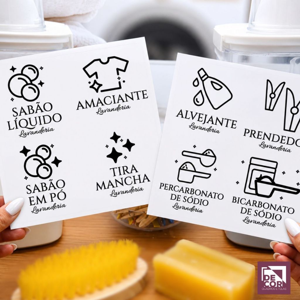 Kit Etiquetas Transparentes Lavanderia Impermeáveis Organização Potes Sabão Amaciante Clean Moderno