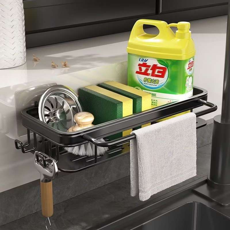 KIT Suporte Organizador De Cozinha Prateleira Sem Furo Escorredor com Gancho Porta Detergente