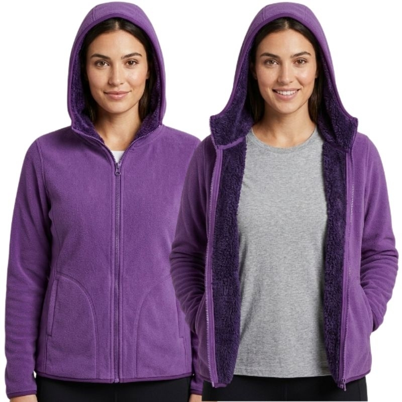 Jaqueta Feminina Inverno Com Capuz Fleece Forrada Com Bolso Interno