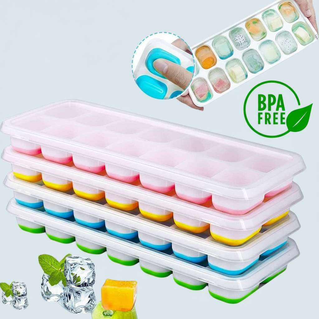 Kit 2 a 4 Formas de Gelo Silicone Com Tampa Rígida Flexível Fundo Retangular  Multiuso Lavável