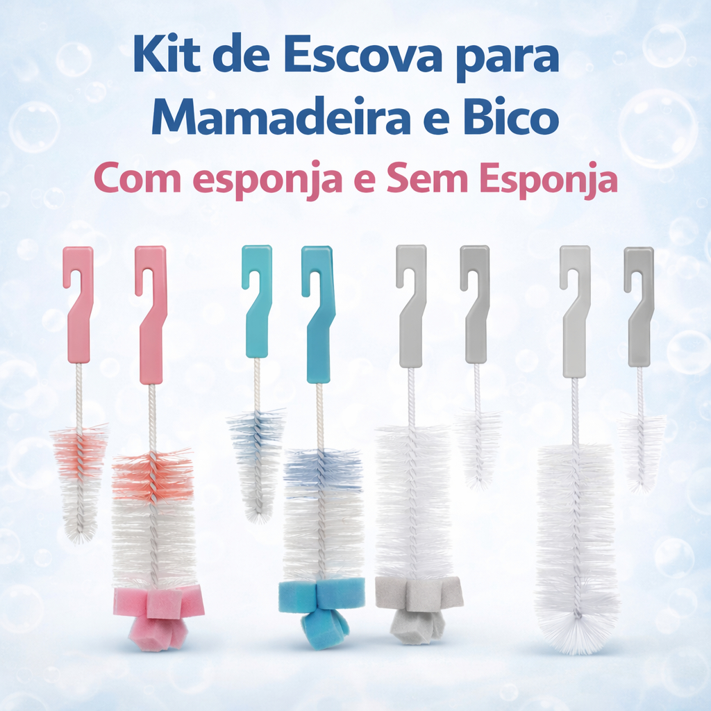 Kit Escova Para Lavar Mamadeira e Bico Com Esponja Buba Bebês Limpeza Profunda Livre de BPA