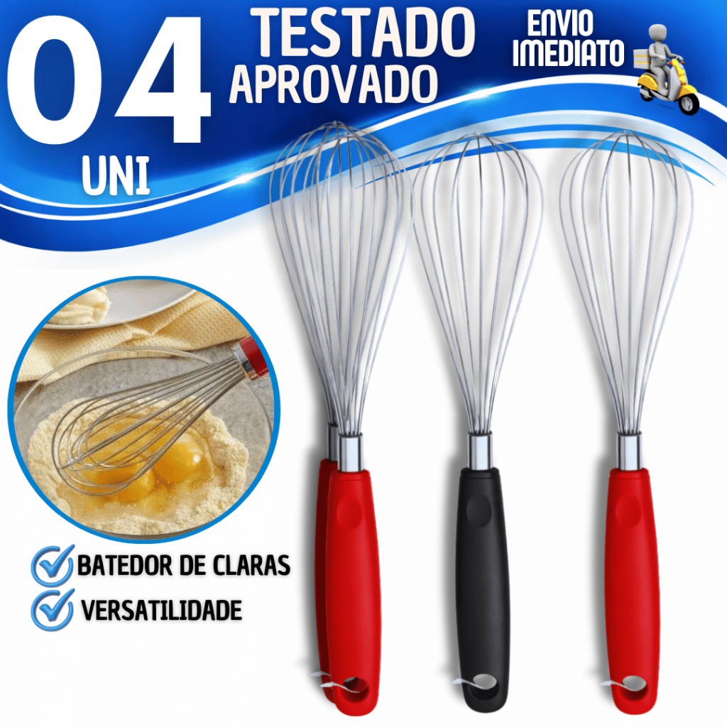 Conjunto Batedor Claras Fouet Inox Profissional 29,3cm Creme Clara Chantily Confeitaria Utensílios