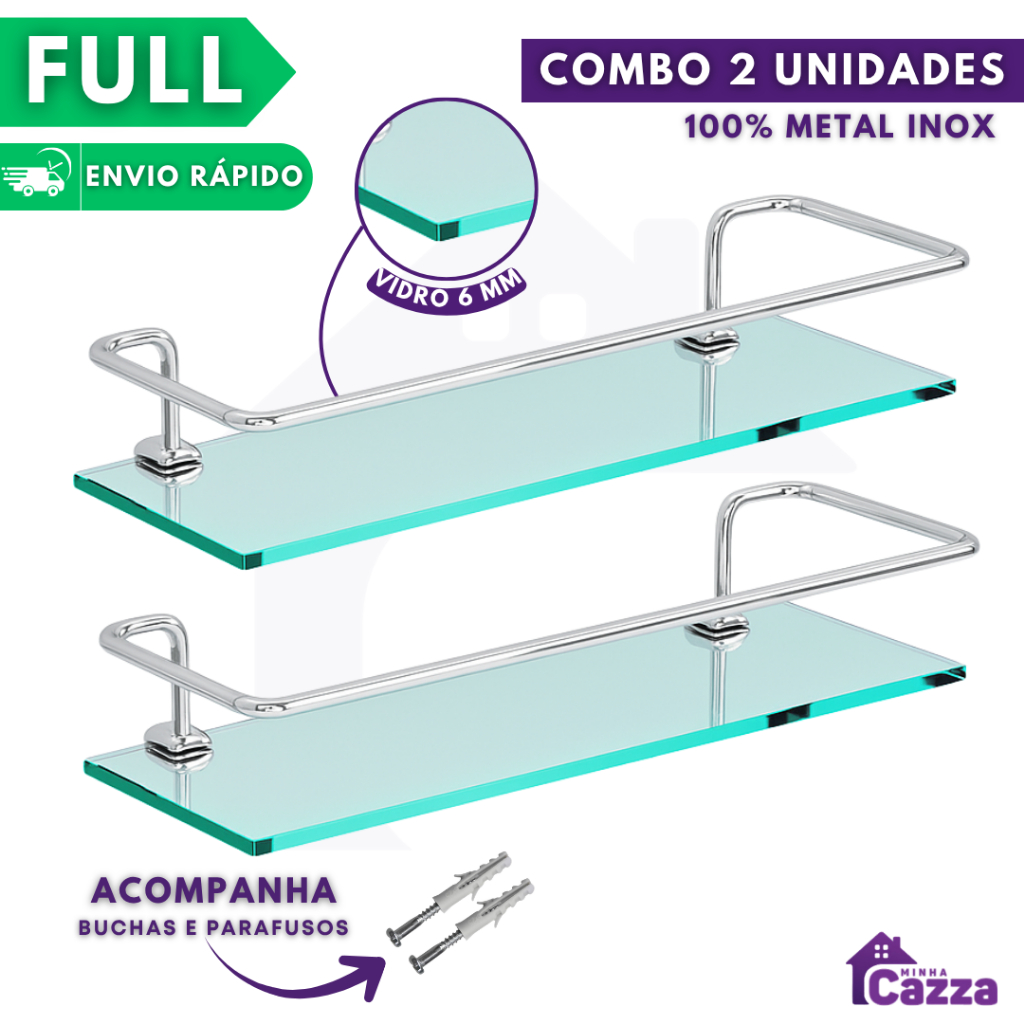 Kit 02 Porta Shampoo Suporte De Banheiro Shampoo Reto Vidro 6mm Acompanha Parafusos