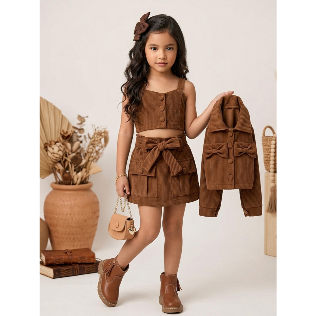Conjunto 3 peças Short Saia, Cropped e Casaco Moda Infantil Feminina Estilosa