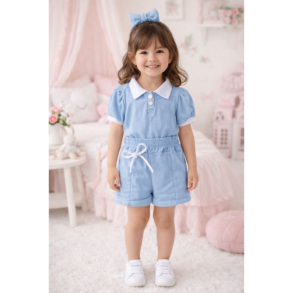 Conjunto Infantil Menina Shorts e Blusa Polo com Lacinho Rosa e Azul