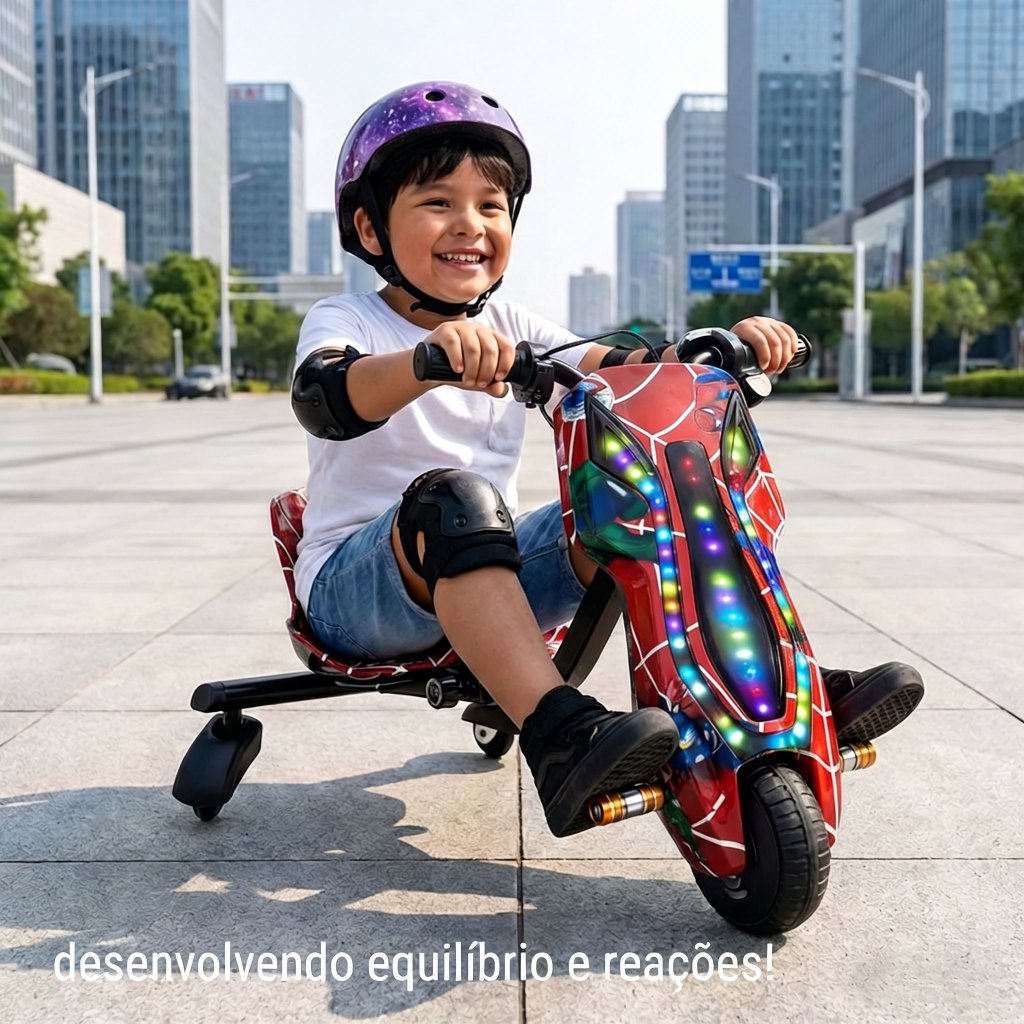 Trike Drift Elétrico Infantil - 3 Rodas ，Capacete e joelheiras,Inclui carregador,350w，Brinde: capacete e joelheiras incl