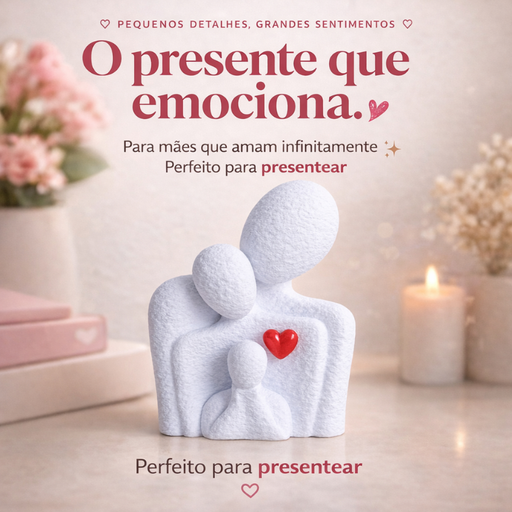 Escultura Família Minimalista Decorativa com Coração Sala Quarto Presente Elegante Mãe Escritório
