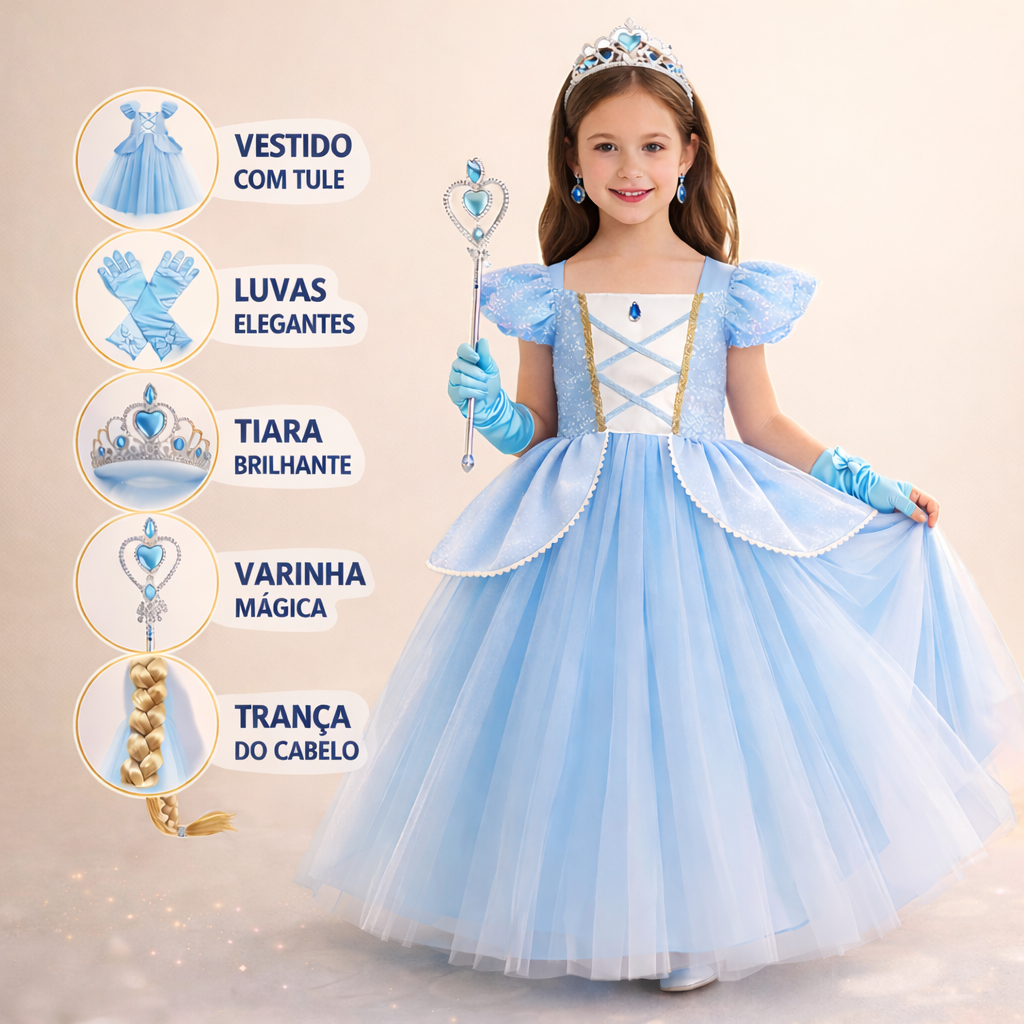 Fantasia Princesa Cinderela Infantil Luxo + Kit Completo Vestido Tiara Luva Varinha