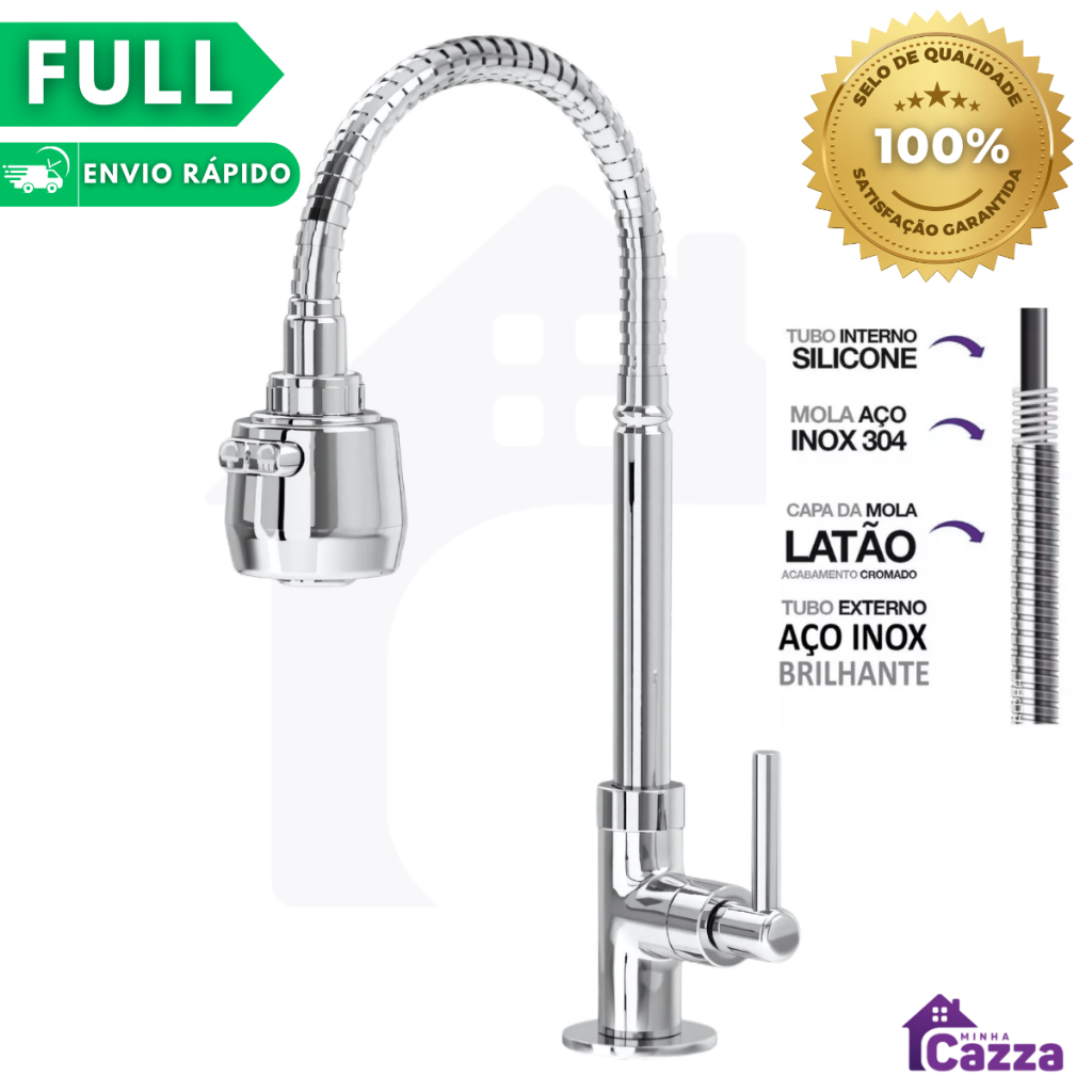 Torneira Gourmet de Cozinha Bancada Mesa Pia Flexível 1/4 de Volta  Inox