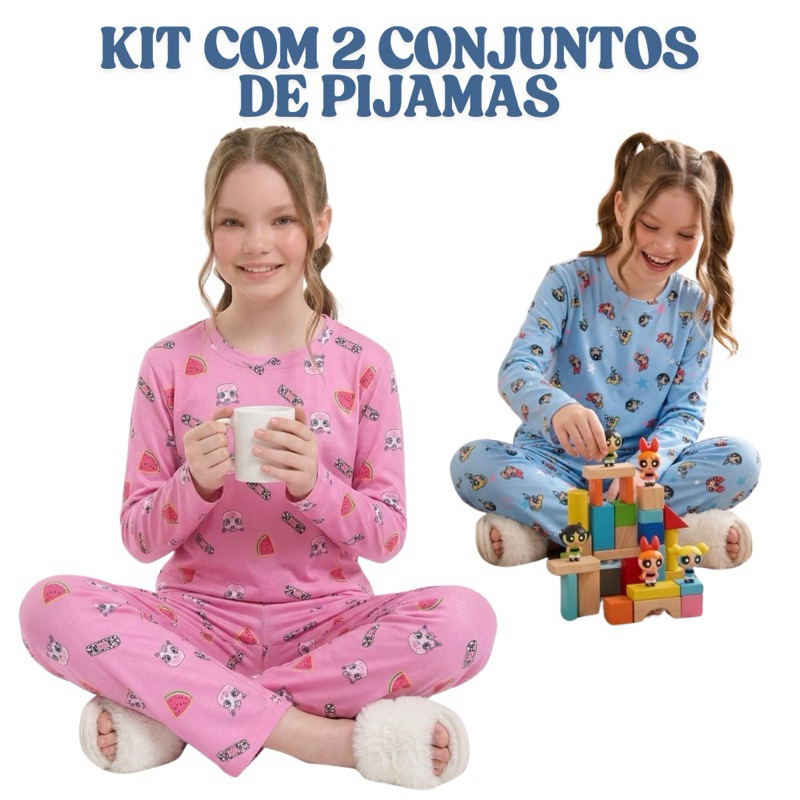 Kit 2 Conjuntos de Pijama Infantil Calça Menina Personagens Manga Longa