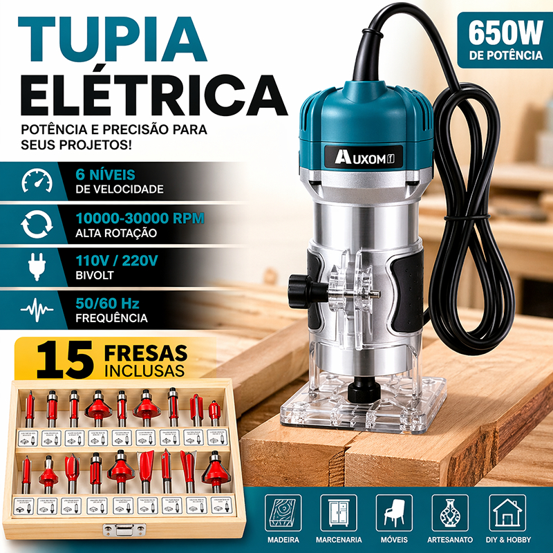 Tupia Laminadora 650W Profissional 6 Velocidades 30000RPM + 15 Fresadoras Madeira 110V/220V