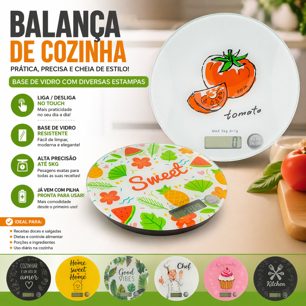 Balança digital de cozinha 5kg de vidro, Visor em LCD, ON/OFF 100% touch,  (Dieta, Receitas)