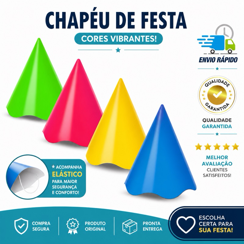 Chapéu de festa infantil - Chapeuzinho para Aniversário cores diversas pacote com 8 unidades