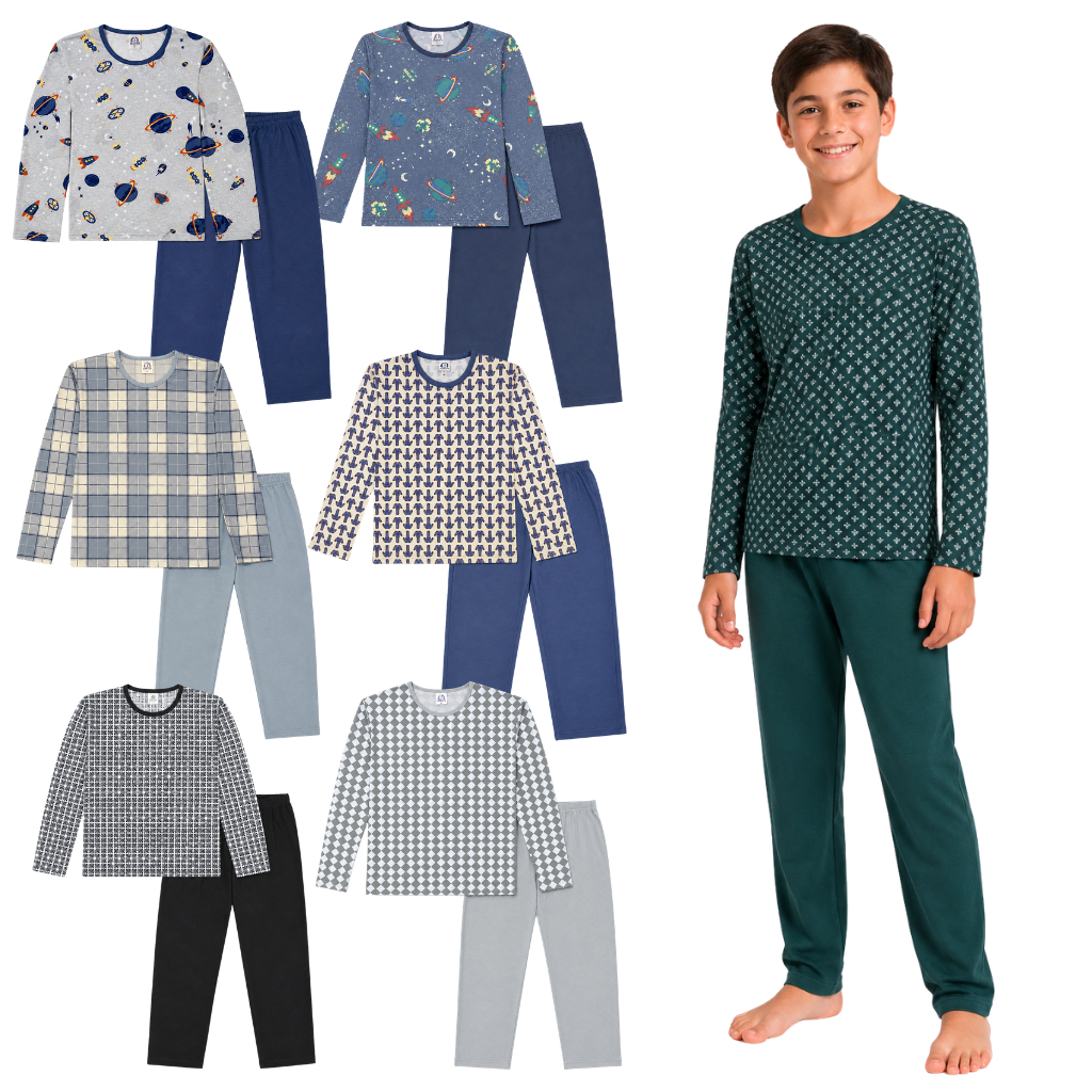 Kit 4 Pijamas Longo Juvenil Masculino Manga Comprida Estampa Sortida 10 ao 16