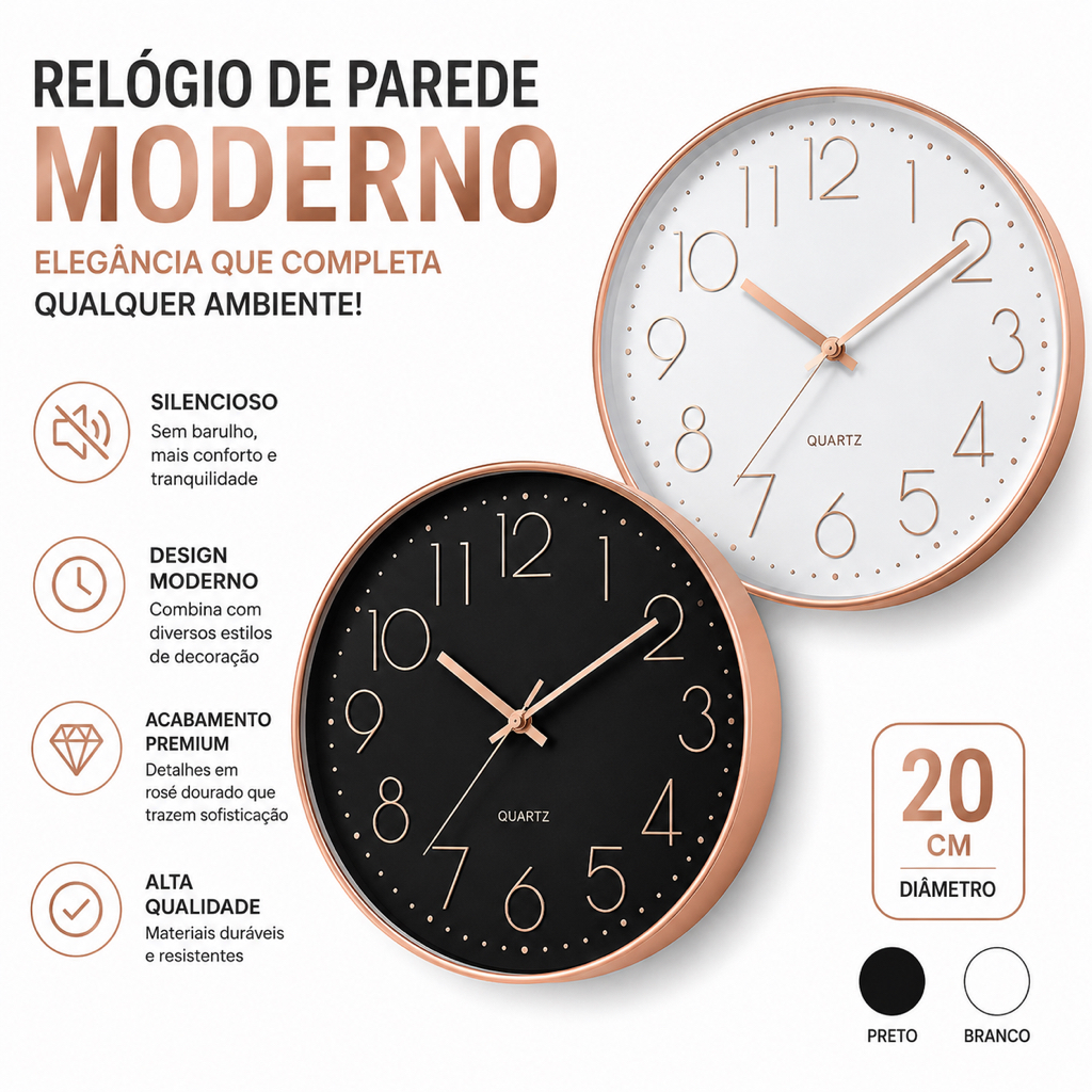 Relógio Parede Analógico Moderno Rosé Branco Preto - Silencioso Redondo 20cm Decorativo Quarto