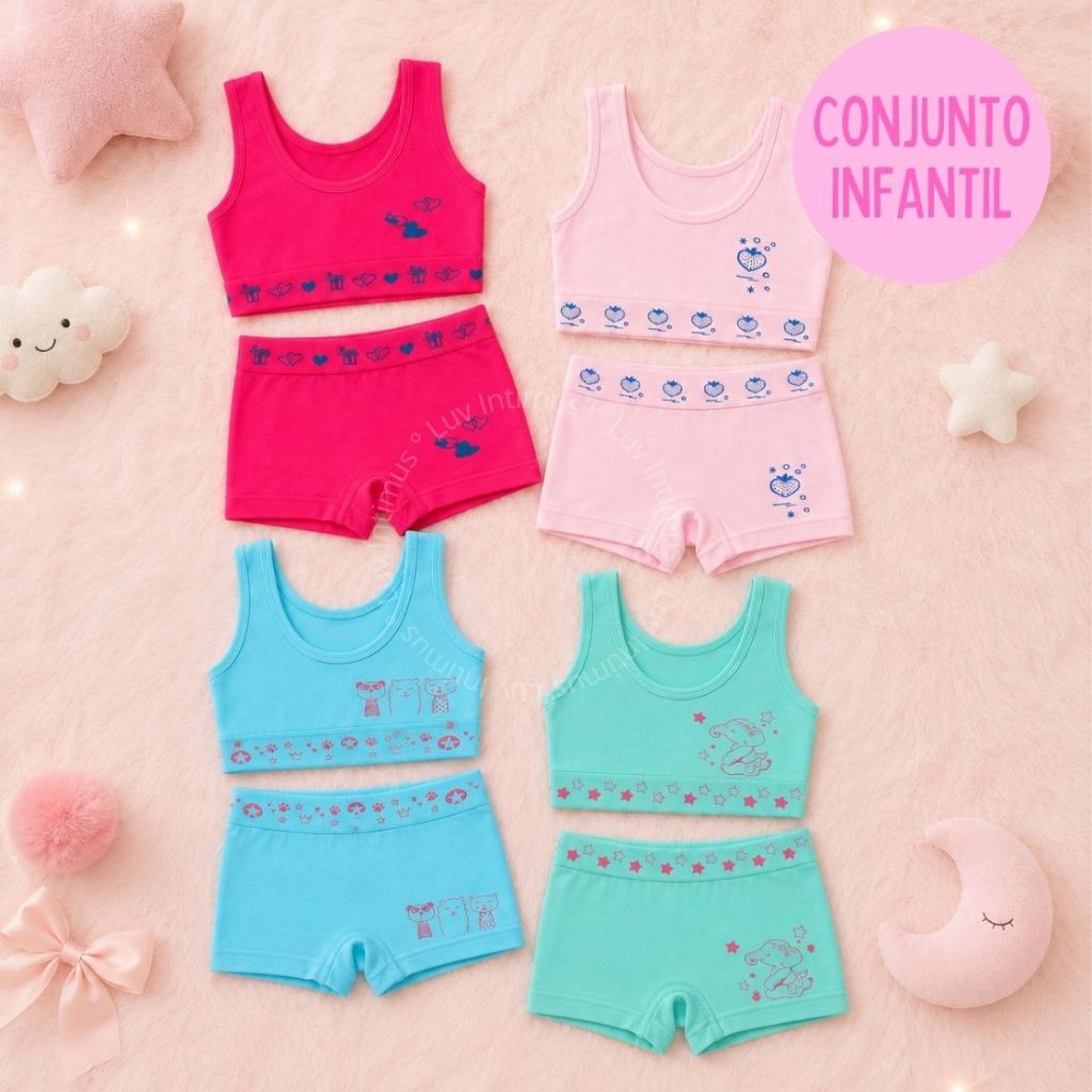 Kit 9,7 ou 5 Conjuntos Top + Calcinha Infantil 4 a 8 Anos Poliamida Menina Confortável