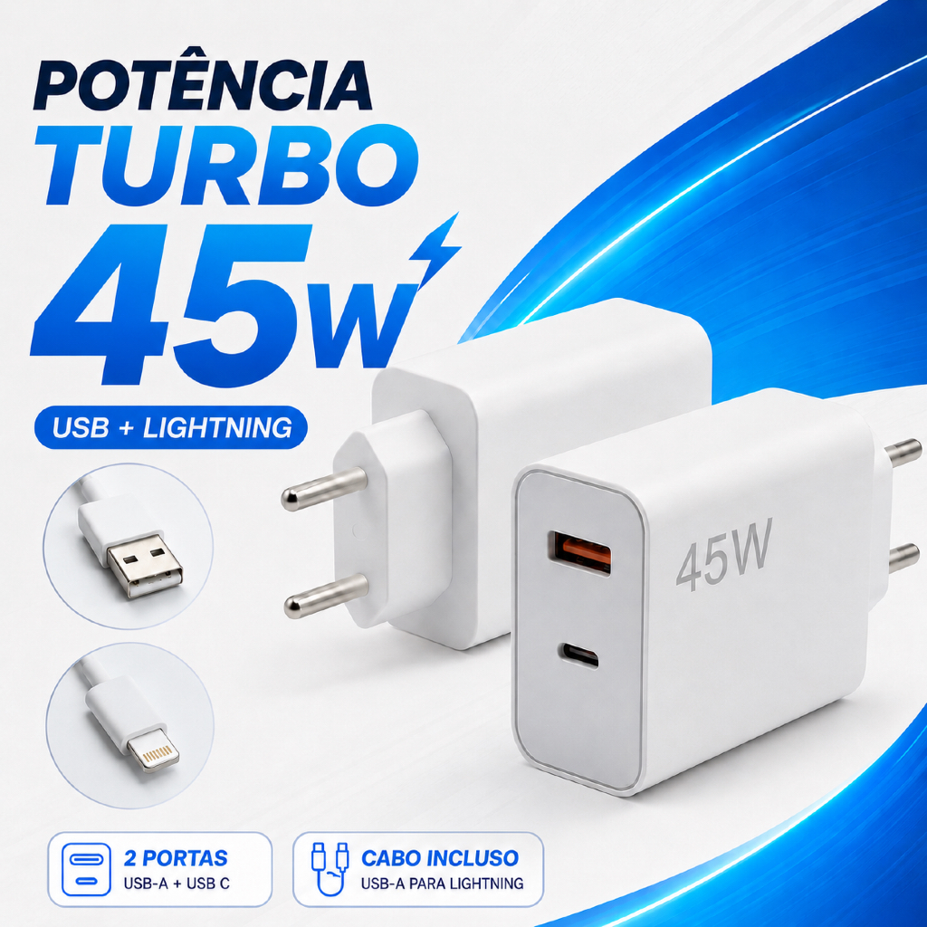Carregador Turbo Duplo 45w Usb + Tipo C Qc 4.0 Pd 3.0 Rápido Bivolt Para iPhone 8 X Xr 11 12 13 14