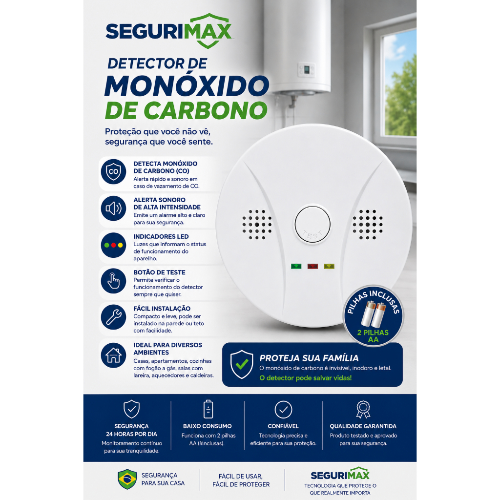 Detector Autônomo de Gás Monóxido De Carbono Co2 Sem Fio Segurimax Cor Branca