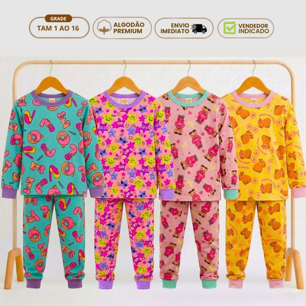 Kit 6 Peças Conjunto Pijama Infantil Feminino Inverno Roupa de Dormir Menina Frio Personagem Algodão Calça Punho 1 ao 16