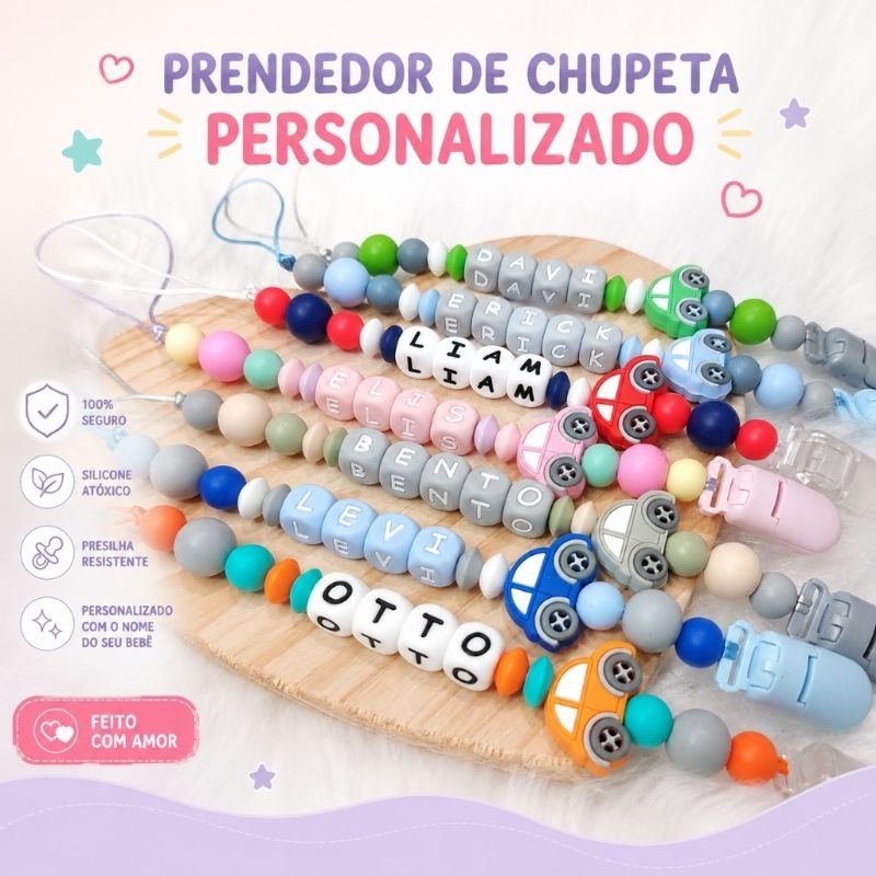 Prendedor de Chupeta de Silicone Macio e Mordedor Personalizado com Nome do Bebê Carrinho BPA FREE