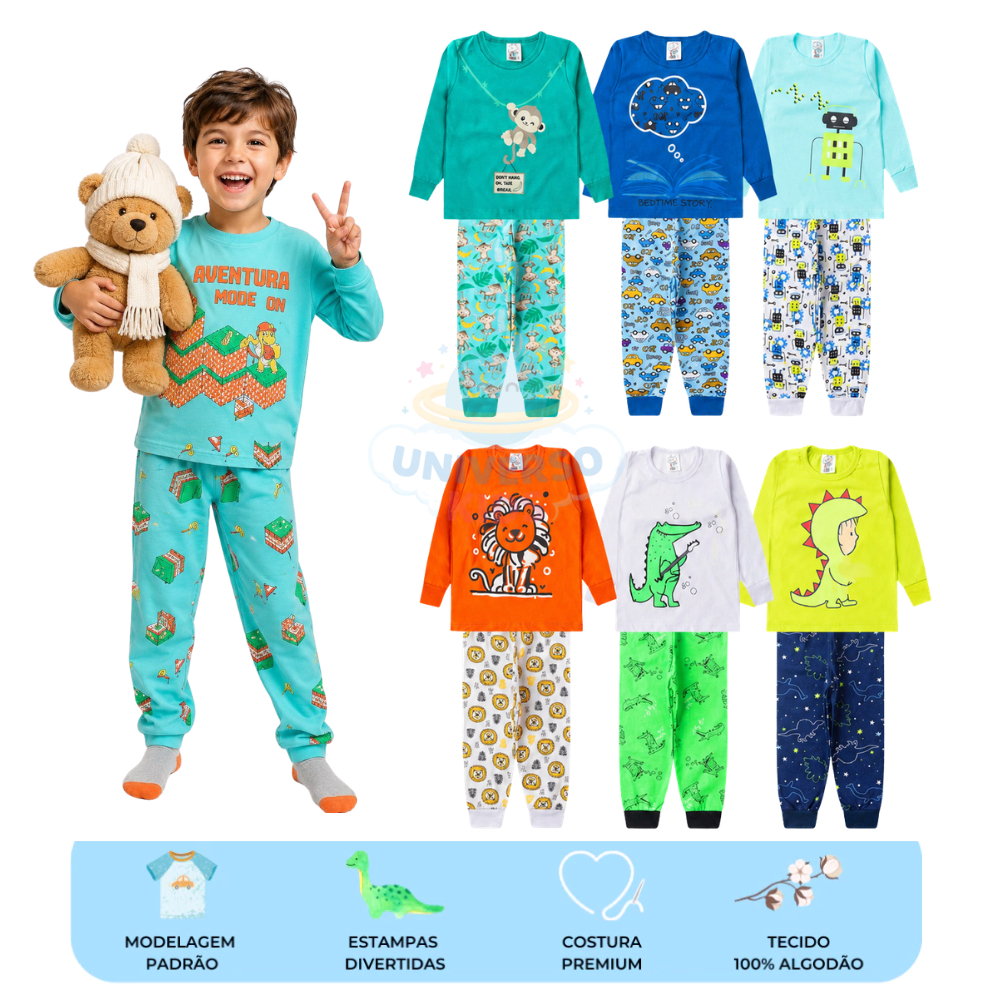 Kit 4 Peças Pijamas Sortido Infantil Menino Inverno Roupa Infantil Masculina