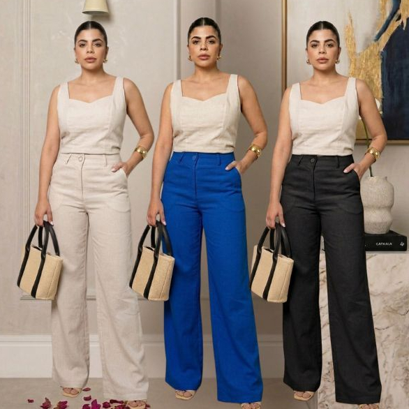 Calça Pantalona Alfaiataria Linho Misto Feminina Cintura Alta Con Bolso Social Modelagem Elegante