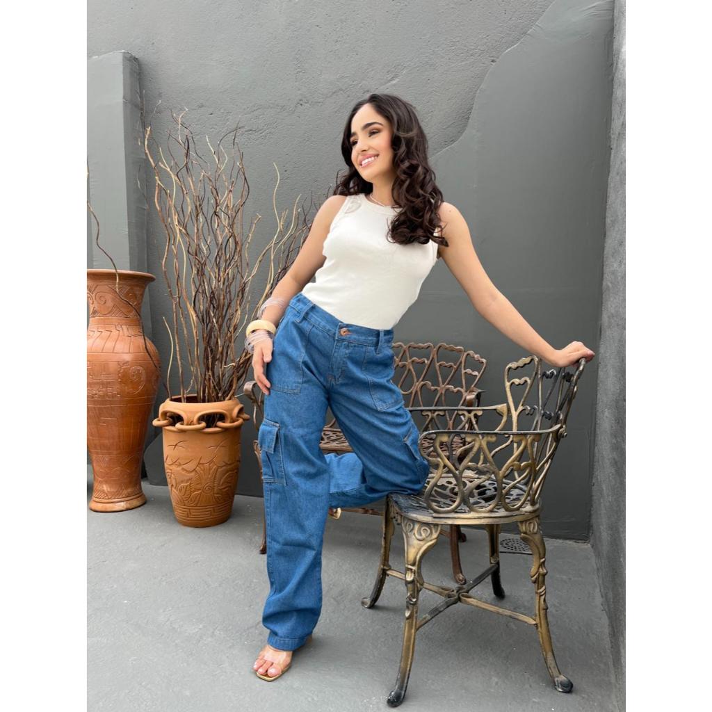 Calça Cargo Juvenil Jeans Confortável feminina bolso Cargo Wide Leg