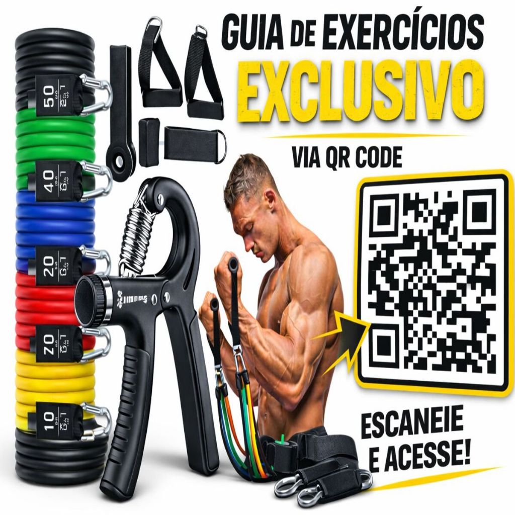 Kit 12 Itens Treine em Casa: 11 Extensores Elásticos + Hand Grip