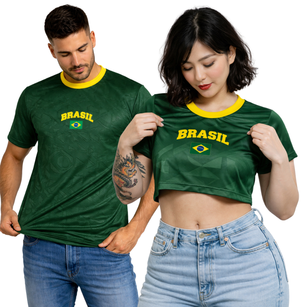 Kit Crooped Baby Look ou Regatinha Feminina do Brasil Casal Brasil e Camiseta Masculina do Brasil
