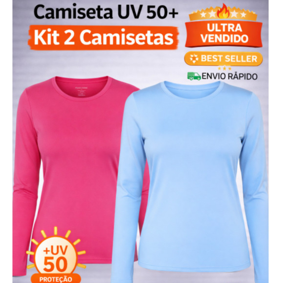 Kit 2 Camisetas Feminina Térmica Manga Longa Proteção Solar Uv 50+ | Praia Academia Treino Fitnes