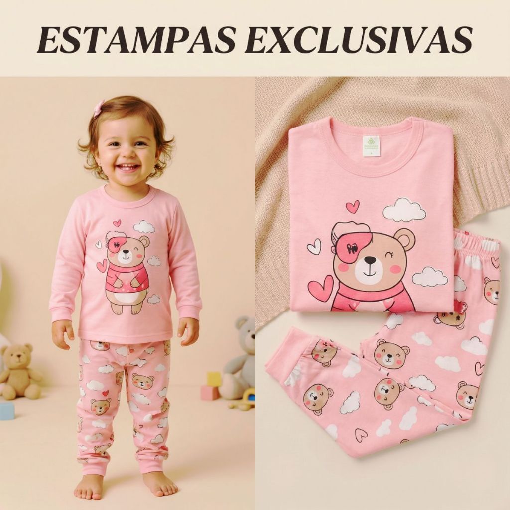 Conjunto infantil menina pijama feminino elegante moda inverno