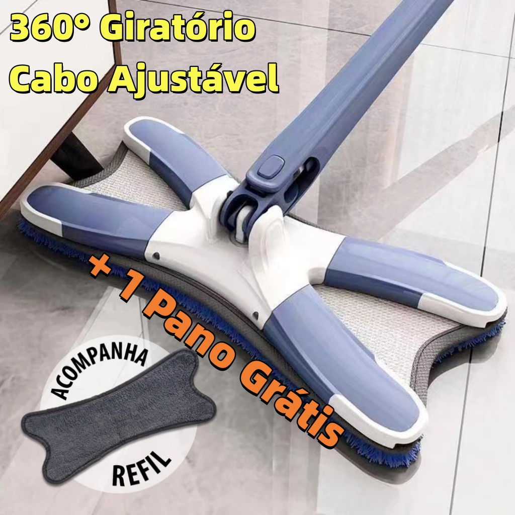 Rodo Giratório 360° com 2 Panos Microfibra - Torção Higiênica sem Sujar as Mãos c/ Cabo Ajustável