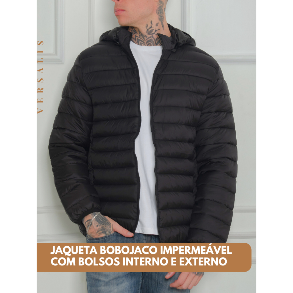 Jaqueta Masculina Bobojaco Puffer Gominho Impermeável Corta Vento Preto Com Capuz Removivel
