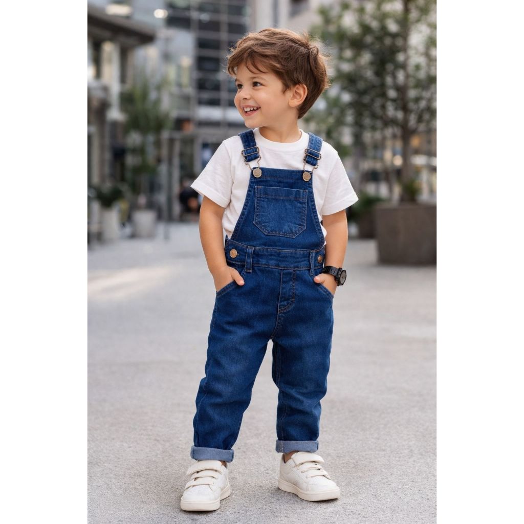 Jardineira Jeans Longa Azul Menino Social Ajustável