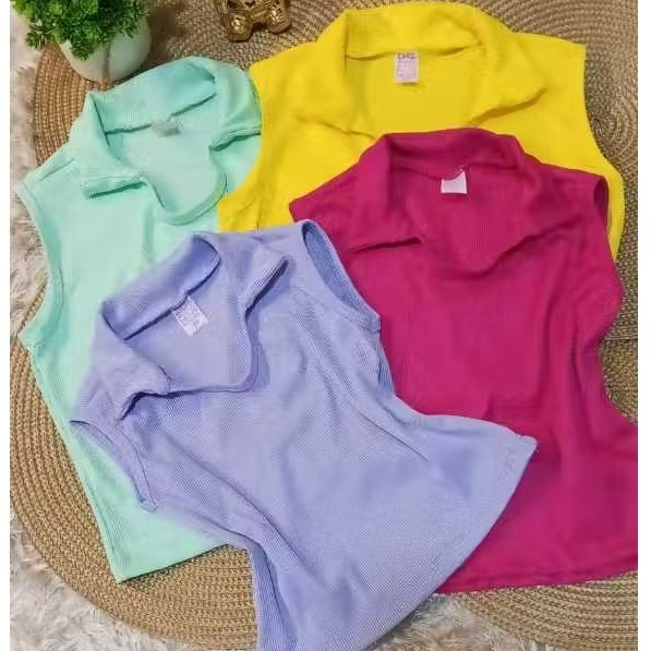 Blusinha Infantil Menina Gola Polo sem manga, fresquinha para o dia a dia tecido Ribana Canelada