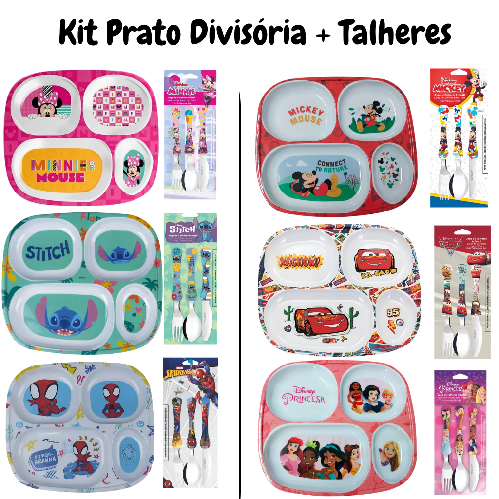 Kit Prato  Divisória + Talheres Infantil Personagens  Disney BPA Free Disney Homem Aranha Princesas Carros