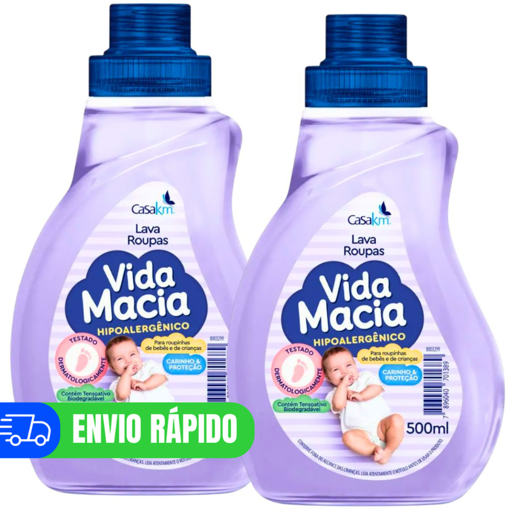 Kit 2 Lava Roupas Bebê Vida Macia 500ml Sabão Liquido Baby