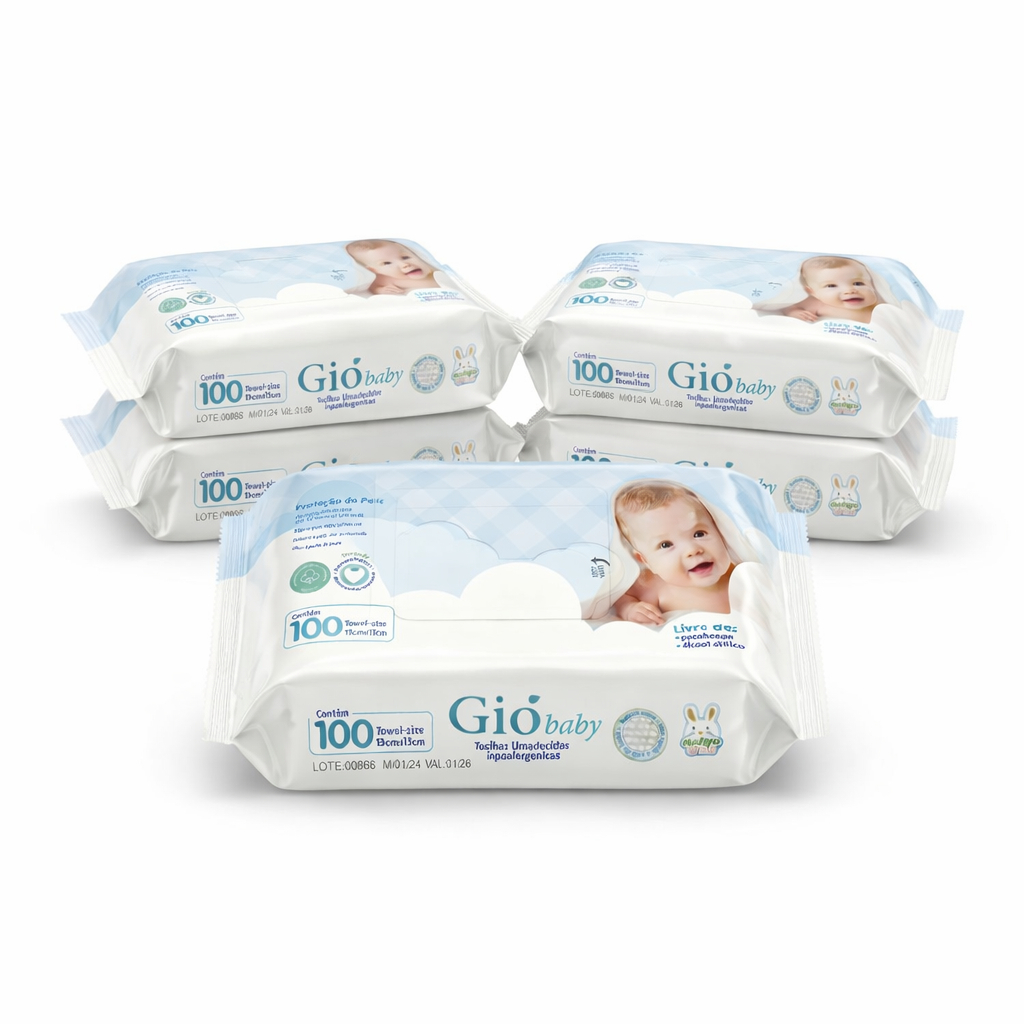 Kit 5 Pacotes Toalhas Umedecidas Gió Baby 100 Folhas Lenço Umedecido