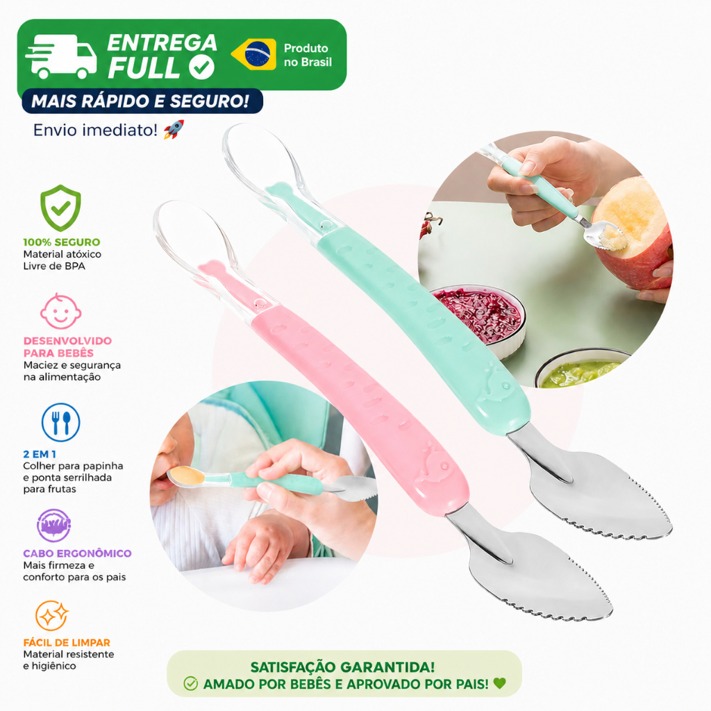 Colher Bebê 2 em 1 Raspa Fruta Silicone Inox Papinha BLW Introdução Alimentar Atóxica Maternidade 6m