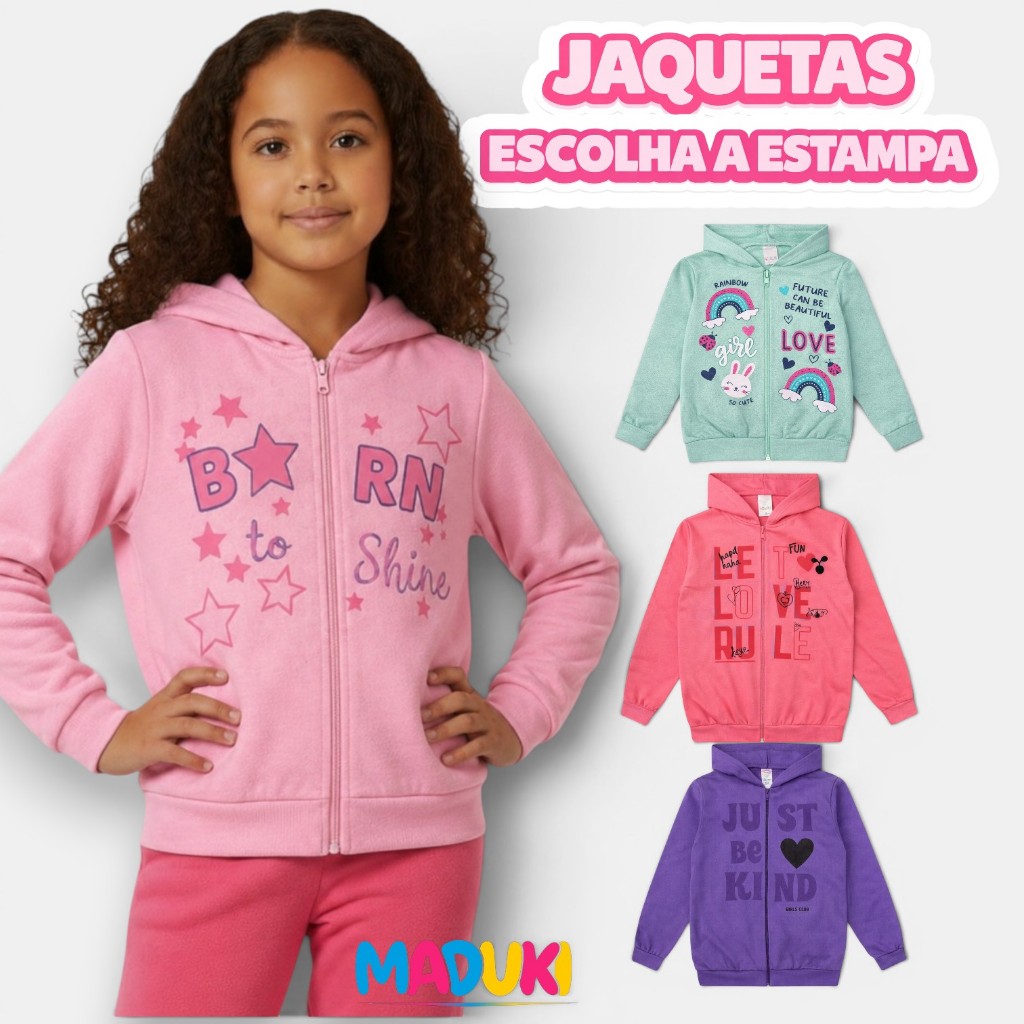 Jaqueta Infantil Juvenil Menina Inverno Premium com Ziper e Capuz 1 a 16