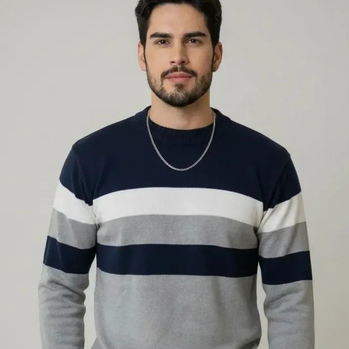 Blusa Masculina de Tricô Suéter Manga Longa Listrada Inverno Social Casual Dia a Dia Confortável