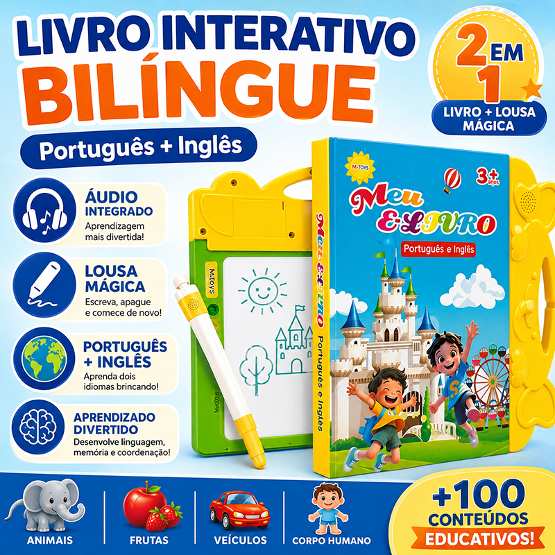 Livro Interativo com Som Infantil Bilíngue Português Inglês Multi Temas Toque Educativo Aprendizagem