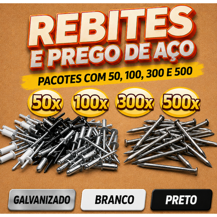 Rebite Pop Alumínio 3,2x12mm 312 Preto Branco Galvanizado e Prego de aço Kit 30 50 100 Unidades