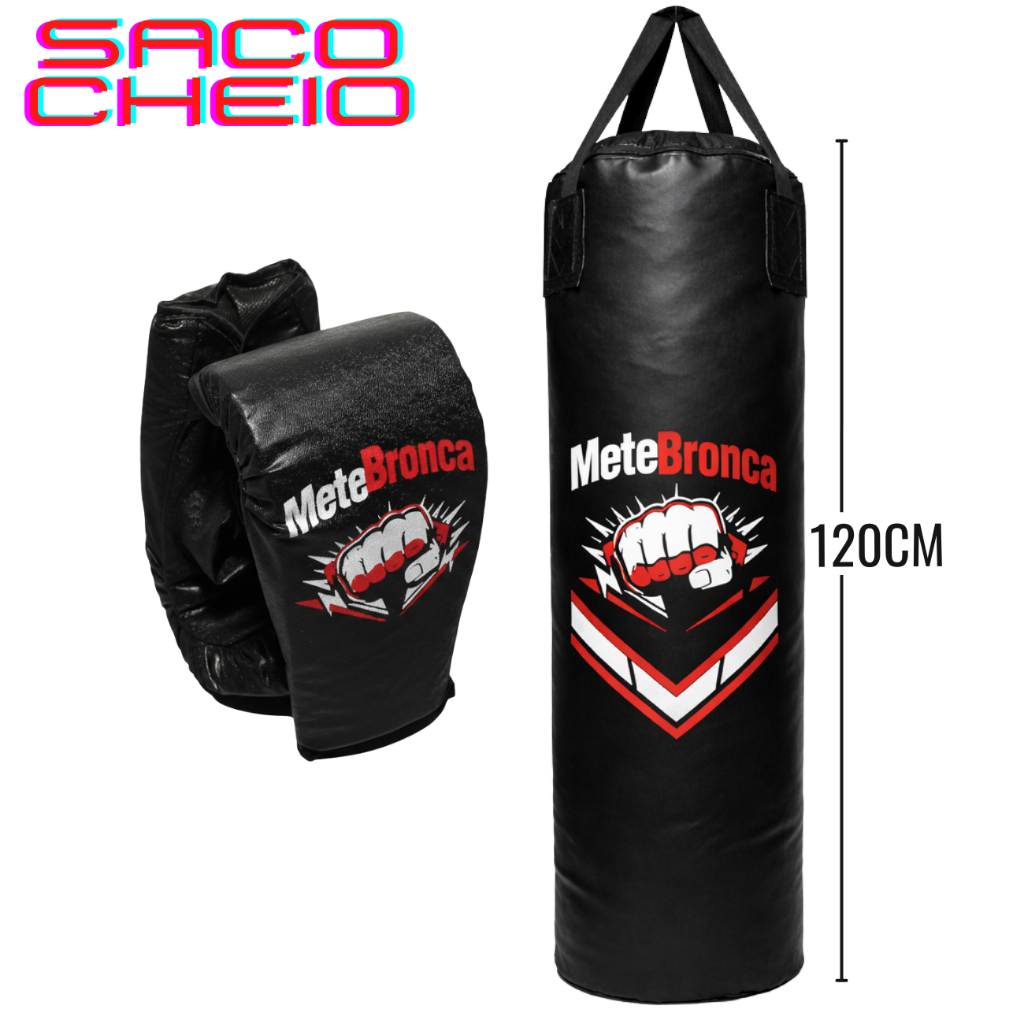 Kit Saco De Pancada 120cm Cheio + 1 Par De Luvas Treino Muay Thai MMA Mete Bronca