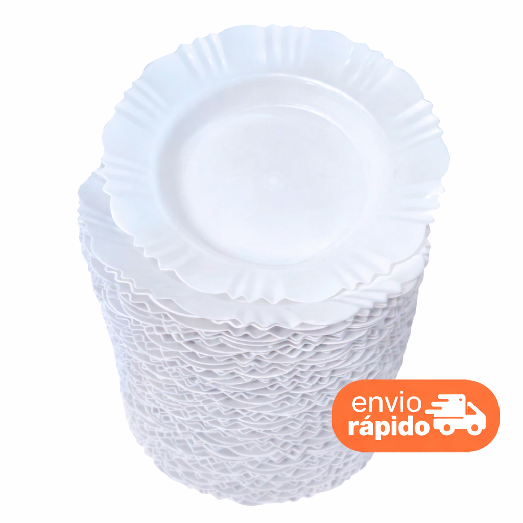 Kit até 50 Prato Fundo com Borda Plástico Refeição Churrasco Festa Branco Preto