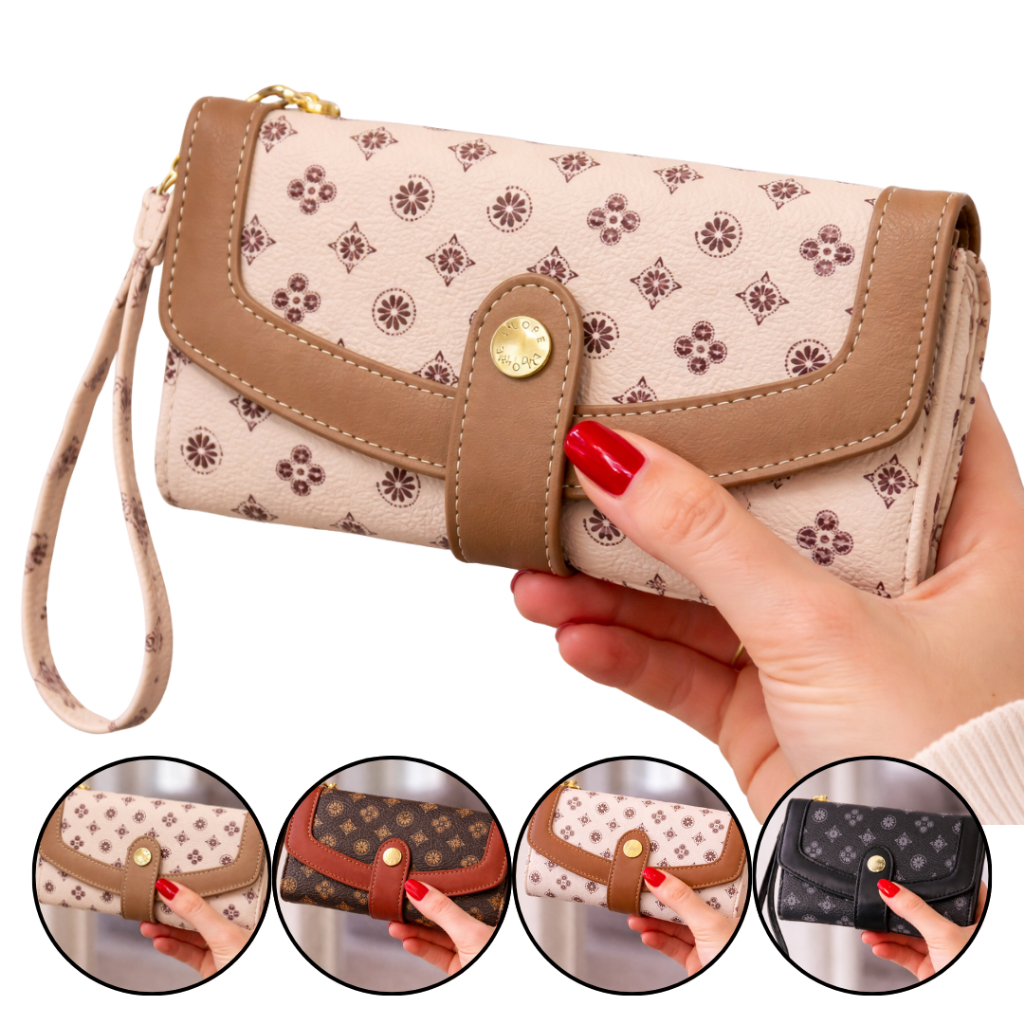 Carteira Lace Lore Monograma Couro Sintético Estampada Porta Moedas RG CNH Cartão Multiuso Fashion Mini Zíper Elegante